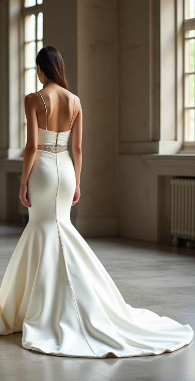 Luxury satin evening dress featuring an open-back design, delicate spaghetti straps, and a flowing mermaid hem – an exquisite choice for formal and high-end occasions. | فستان سهرة من الساتان بتصميم مكشوف الظهر مع حمالات رفيعة وقصة ذيل السمكة – خيار راقٍ للمناسبات الفاخرة | Vestido de noche con espalda descubierta y detalles en satén – sofisticado y chic. | Robe de soirée dos nu en satin avec coupe sirène et détails raffinés – parfaite pour une allure élégante et audacieuse.