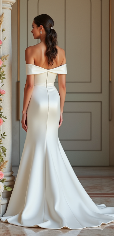 An elegant satin wedding gown with a seamless mermaid silhouette, off-the-shoulder detail, and a graceful train – designed for modern royalty.
فستان زفاف ساتان أنيق بقصة حورية البحر، تفاصيل أكتاف مكشوفة، وذيل طويل ساحر – مثالي للعرائس العصريات.
Vestido de novia de satén con corte sirena, mangas off-the-shoulder y una cola fluida – diseñado para novias modernas y sofisticadas.