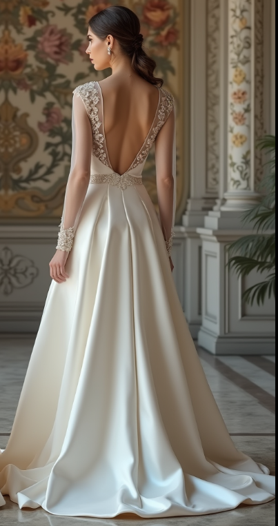An elegant A-line wedding dress featuring a deep open-back design, sheer lace sleeves, and a royal satin train – a sophisticated choice for timeless weddings.
فستان زفاف بقصة A-Line بتصميم ظهر مفتوح عميق، وأكمام دانتيل شفافة، وذيل ساتان ملكي – خيار فاخر لحفلات الزفاف الكلاسيكية.
Vestido de novia con corte A, espalda abierta profunda, mangas de encaje y una cola de satén real – ideal para bodas atemporales.