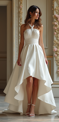 A modern high-low wedding dress made from luxurious satin, featuring a halter neckline, ruched bodice, and an elegant flowing skirt.
فستان زفاف عصري بتصميم عالي-منخفض مصنوع من الساتان الفاخر، يتميز بياقة هالتر، وكورسيه مجعد، وتنورة أنيقة منسدلة.
Vestido de novia moderno con corte alto-bajo, hecho de satén lujoso, con escote halter, corpiño fruncido y falda fluida elegante.