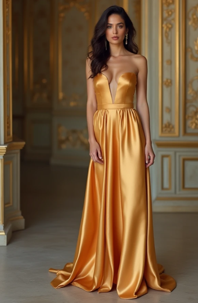 Elegant gold satin evening gown with a plunging deep V-neckline, fitted bodice, and a voluminous flowing skirt – a luxurious choice for formal occasions. | فستان سهرة ساتان ذهبي أنيق بياقة عميقة وتنورة واسعة لمظهر فاخر | Vestido de gala dorado de satén con escote en V profundo y falda fluida – ideal para eventos exclusivos. | Robe de soirée dorée en satin avec décolleté plongeant et jupe volumineuse – parfaite pour une allure sophistiquée.