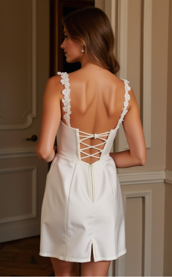 White satin mini dress with lace straps, structured cups, and lace-up back detail.
