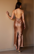 Satin Bronze Evening Dress with Lace Bodice and Thigh-High Slit