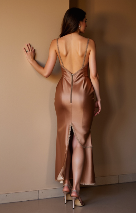 Satin Bronze Evening Dress with Lace Bodice and Thigh-High Slit
