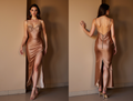 Satin Bronze Evening Dress with Lace Bodice and Thigh-High Slit








