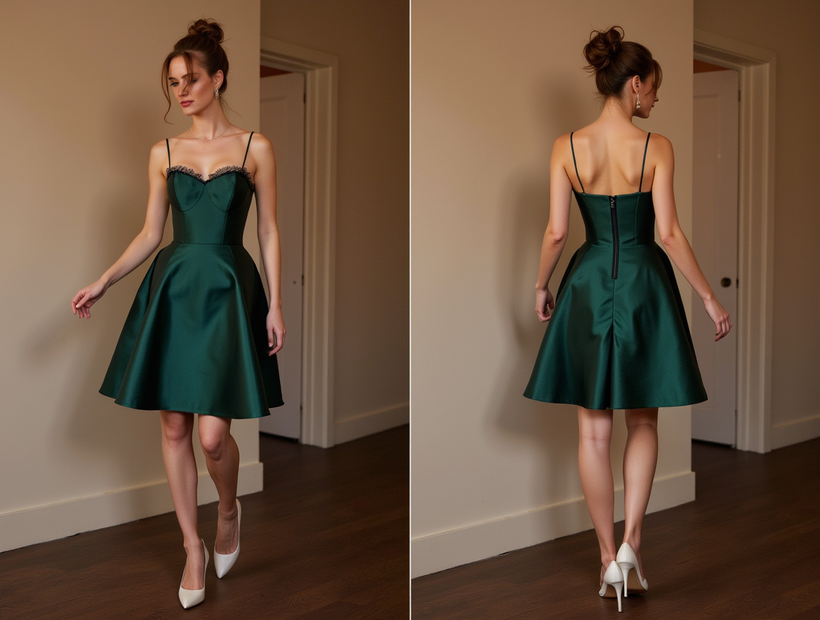 Dark Green Satin Mini Dress with Spaghetti Straps & Lace Trim Bodice