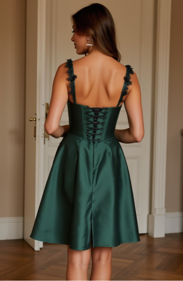 Green Cocktail Dress – Lace-Up Back & Lace Straps