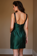 Dark Green Satin Bodycon Mini Dress with Black Lace Bust & Straps







