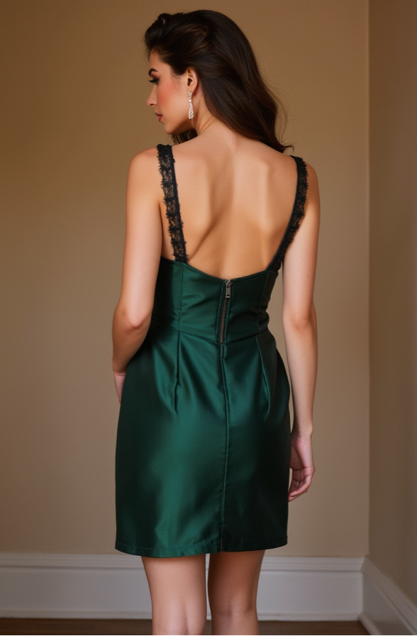 Dark Green Satin Bodycon Mini Dress with Black Lace Bust & Straps







