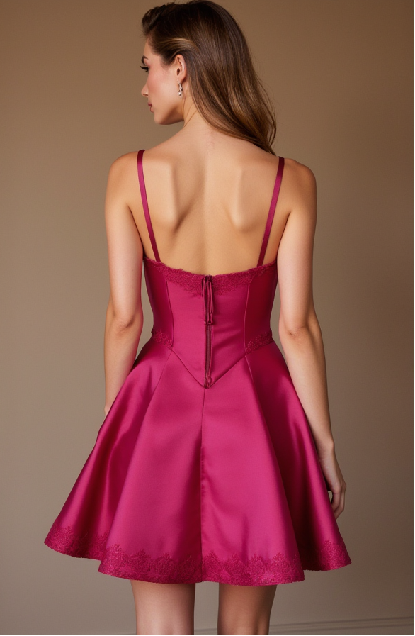 Dark pink satin mini dress with lace trim, structured bustier top, and flared skirt.








