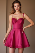 Dark pink satin mini dress with lace trim, structured bustier top, and flared skirt.








