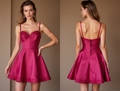 Dark pink satin mini dress with lace trim, structured bustier top, and flared skirt.








