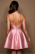 Blush pink satin mini dress with a lace bustier top, thin straps, and a flared skirt.
