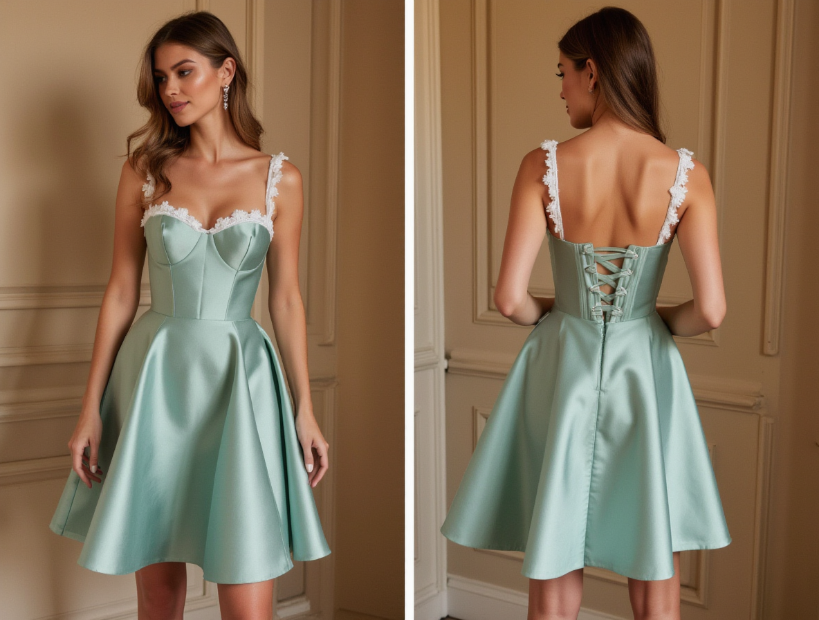 Mint Green Satin Dress – White Lace Strap Detailing