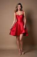 Red Satin Fit-and-Flare Mini Dress with Lace Trim Bodice