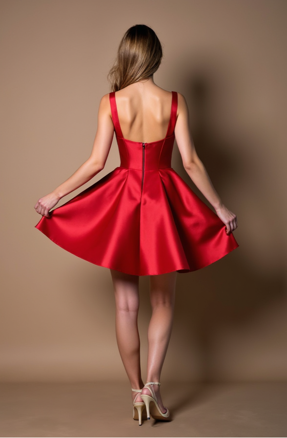 Red Satin Mini Dress - Fit & Flare with Lace Trim Bodice