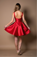 Red Satin Fit-and-Flare Mini Dress with Lace Trim Bodice
