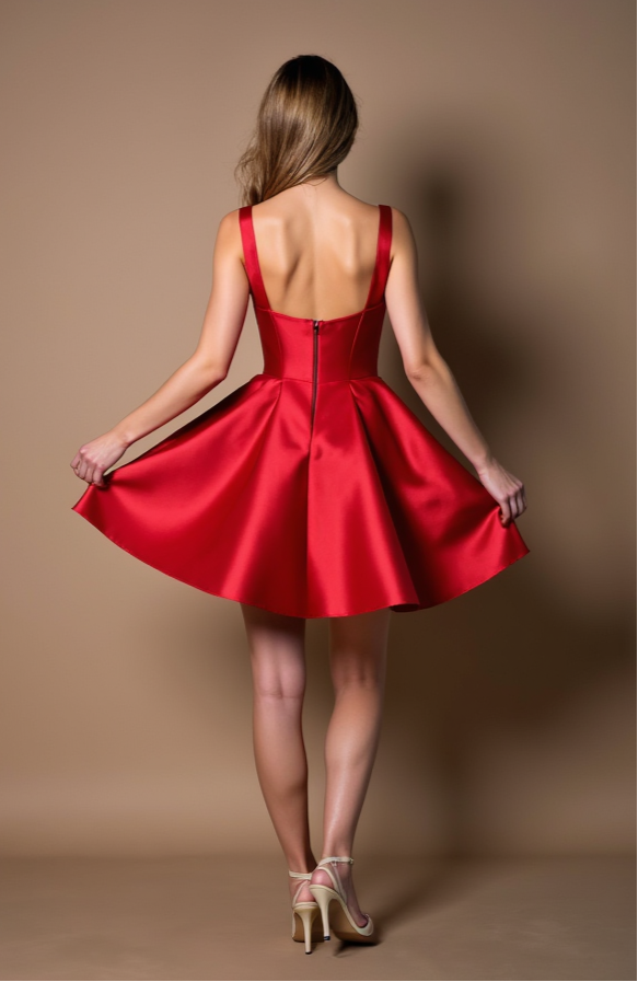 Red Satin Fit-and-Flare Mini Dress with Lace Trim Bodice