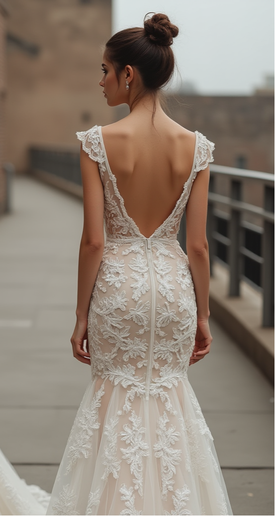  Chic mermaid bridal gown with a deep V-back, lace-trimmed edges, and a soft tulle mermaid train – an exquisite combination of modern sophistication and timeless beauty. | فستان زفاف أنيق بظهر مفتوح مزين بالدانتيل وذيل طويل لمظهر زفاف ملكي | Vestido de novia con espalda descubierta, detalles de encaje y cola de tul – sofisticado y moderno. | Robe de mariée sirène avec dos nu en dentelle et traîne élégante – idéale pour une mariée raffinée.

