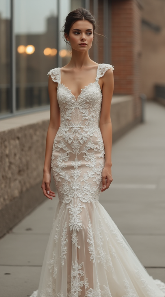 Exquisite Lace Mermaid Wedding Dress with Plunging Neckline and Open Back