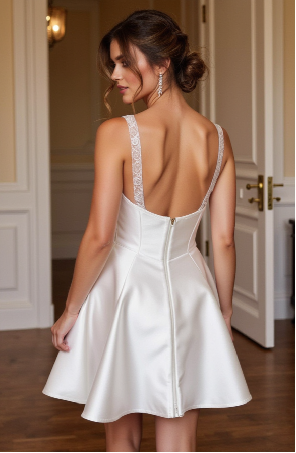 White Satin Mini Dress with Lace Straps & Flared Skirt







