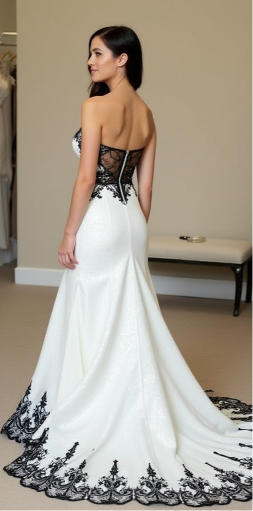 Striking Black and White Corset Mermaid Wedding Dress with Lace Embellishments