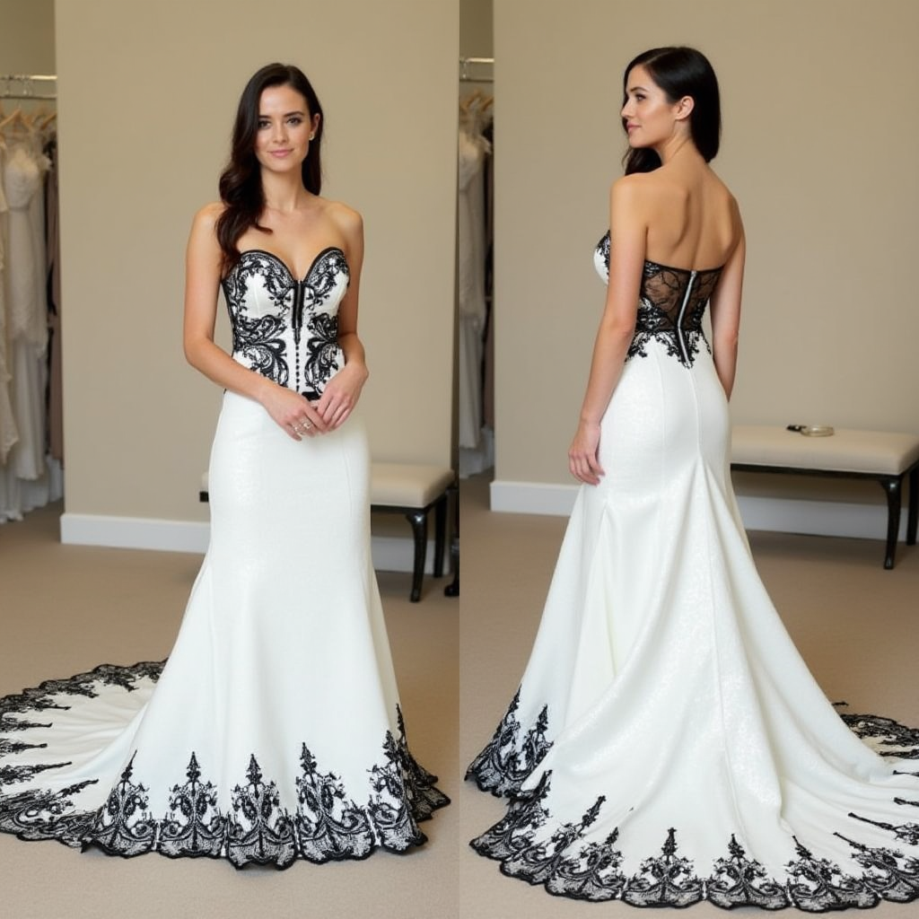 Striking Black and White Corset Mermaid Wedding Dress with Lace Embellishments