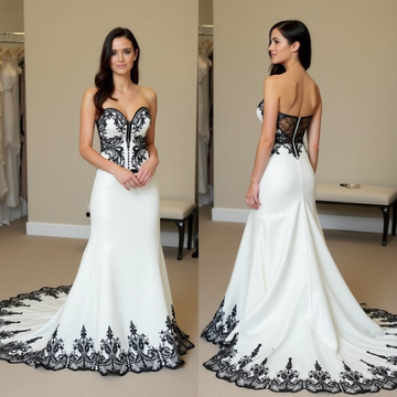 Striking Black and White Corset Mermaid Wedding Dress with Lace Embellishments
