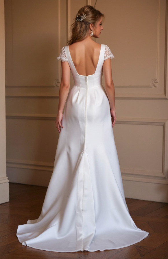 Satin Wedding Dress with Cap Lace Sleeves, Sweetheart Neckline & Side Slit