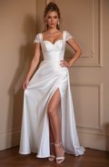 Satin Wedding Dress with Cap Lace Sleeves, Sweetheart Neckline & Side Slit