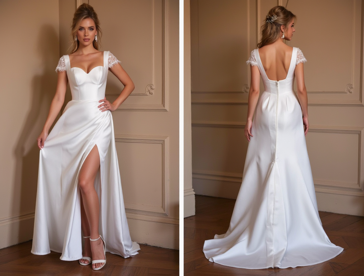 Satin Wedding Dress with Cap Lace Sleeves, Sweetheart Neckline & Side Slit