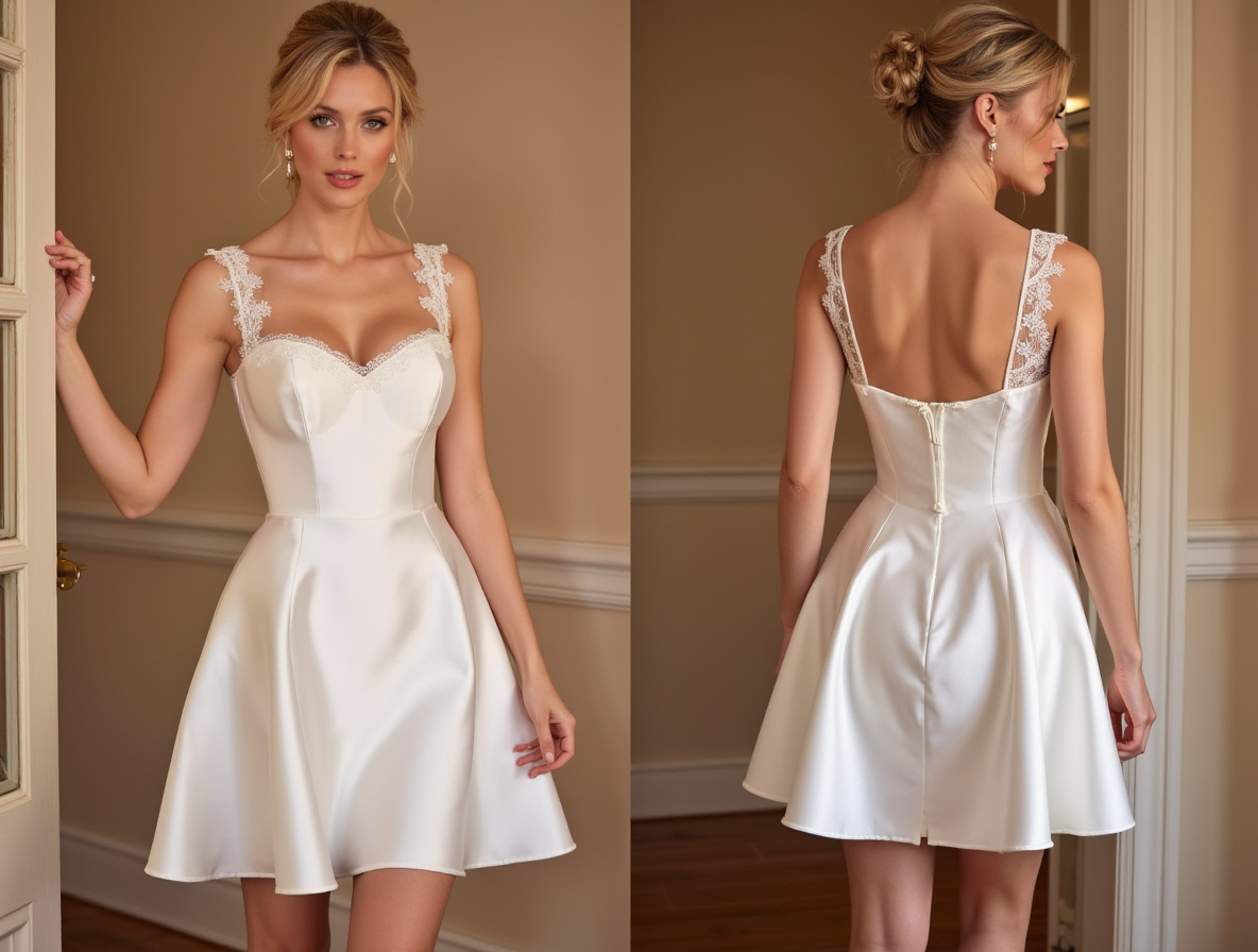 Short Satin Wedding Dress - Lace Straps & Sweetheart Neckline
