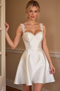 Short Satin Wedding Dress - Lace Straps & Sweetheart Neckline