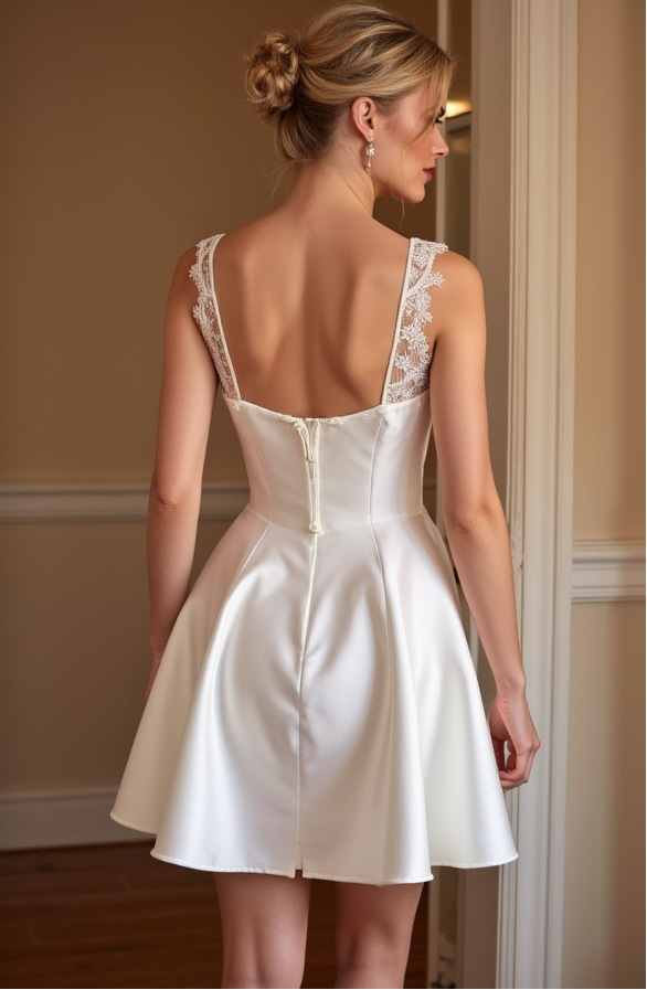 Short Satin Wedding Dress - Lace Straps & Sweetheart Neckline