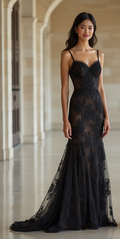 Sultry Black Lace Mermaid Wedding Dress with Sheer Illusion and Spaghetti Straps