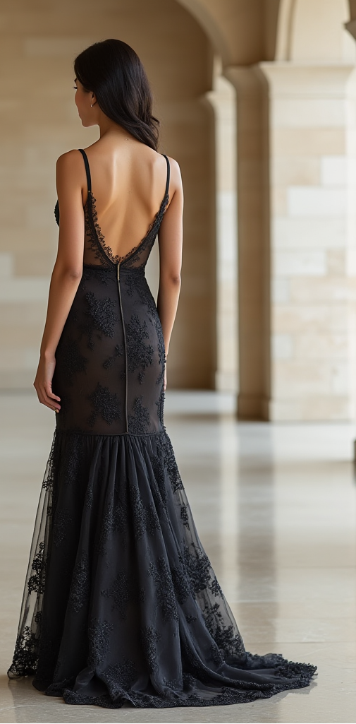 Sultry Black Lace Mermaid Wedding Dress with Sheer Illusion and Spaghetti Straps