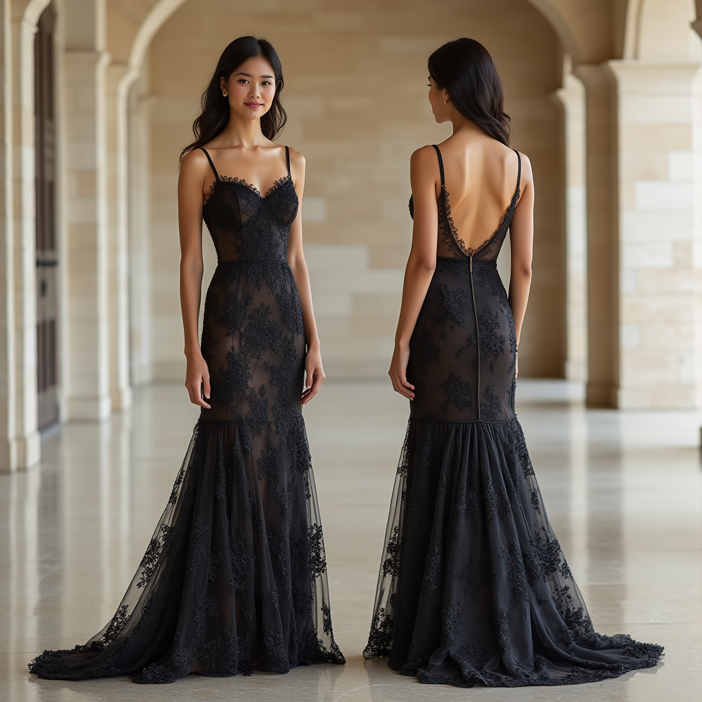 Sultry Black Lace Mermaid Wedding Dress with Sheer Illusion and Spaghetti Straps