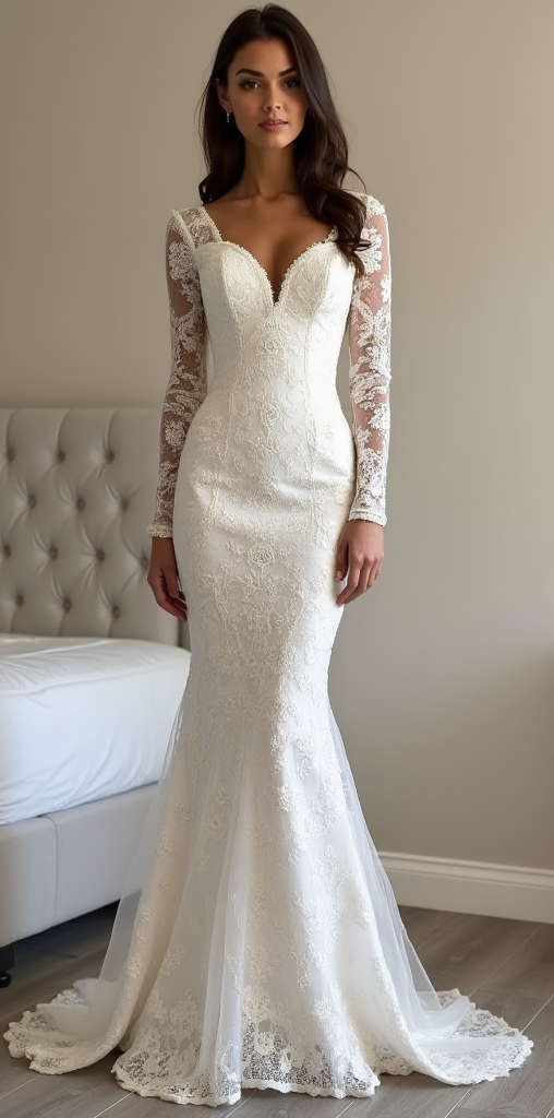 Elegant Long-Sleeve Lace Mermaid Wedding Dress with Deep V-Back