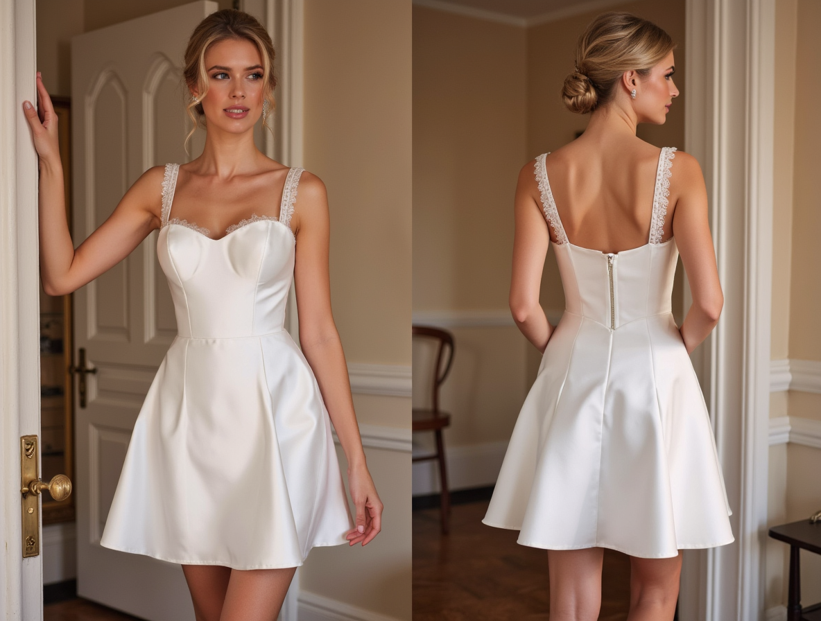 Short Satin Wedding Dress with Lace Straps & Fit-and-Flare Silhouette