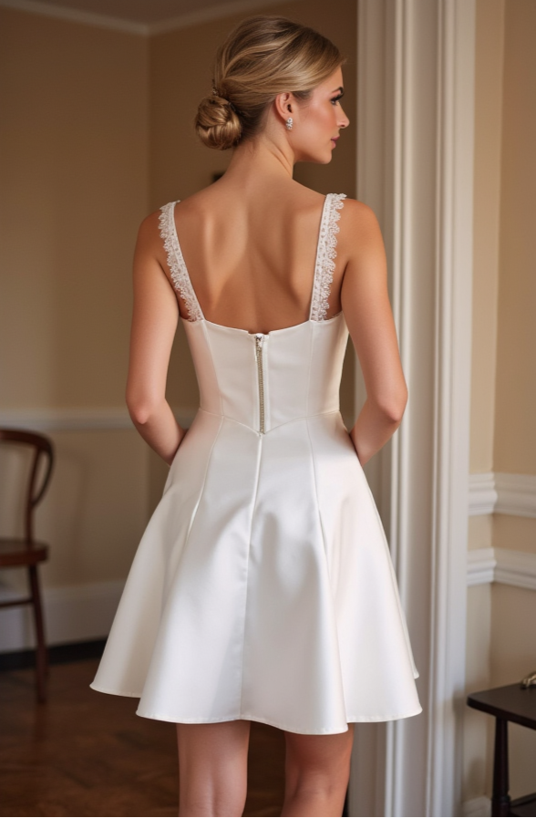 Short Satin Wedding Dress with Lace Straps & Fit-and-Flare Silhouette