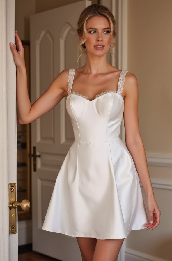 Short Satin Wedding Dress with Lace Straps & Fit-and-Flare Silhouette