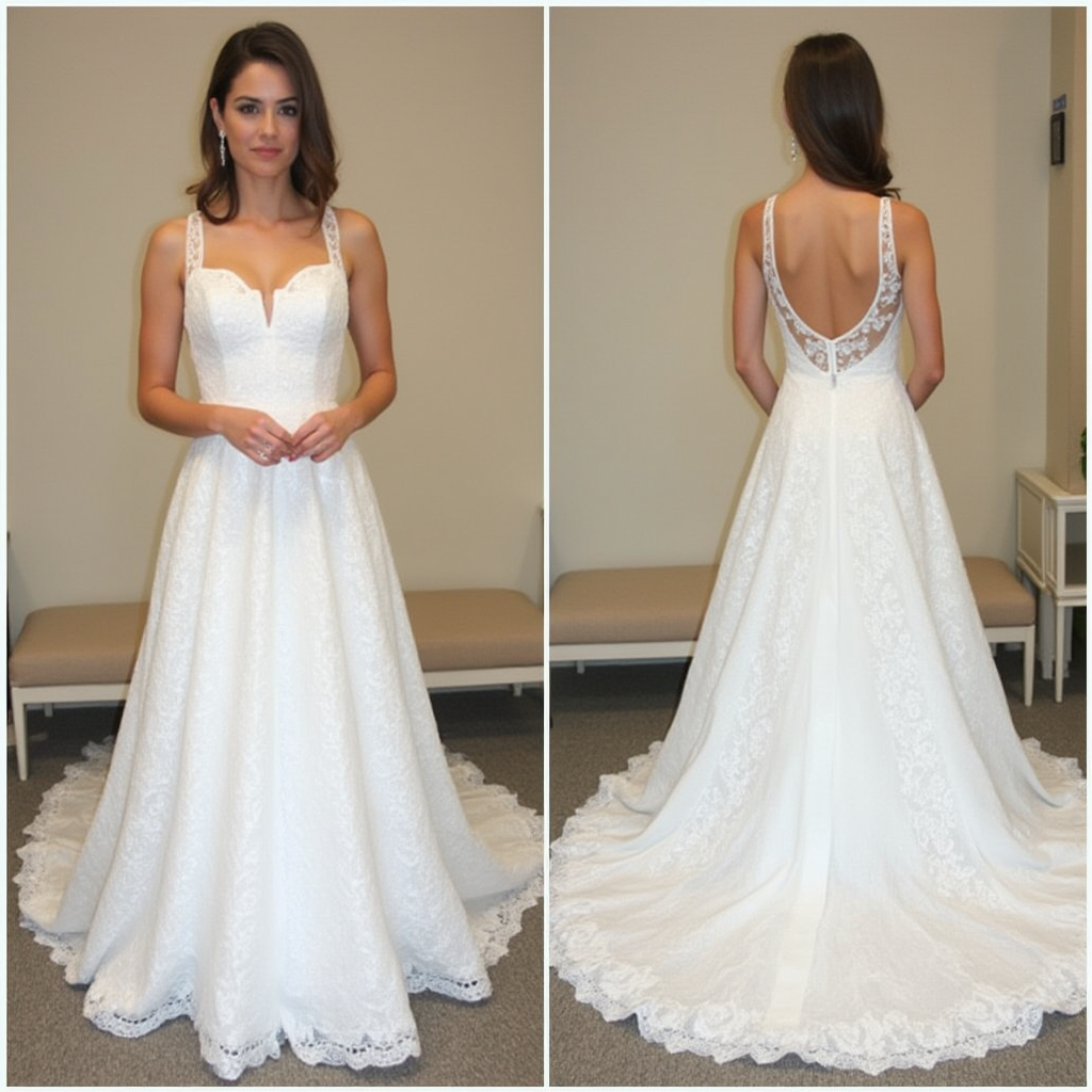 Classic A-Line Lace Wedding Dress with Plunging Neckline and Open Back