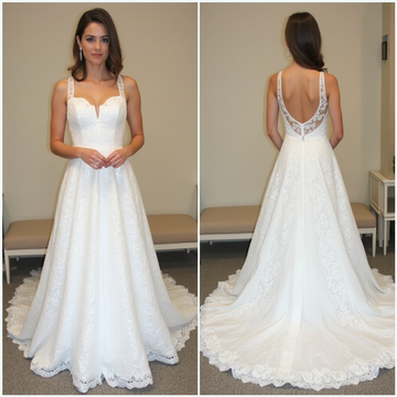 Classic A-Line Lace Wedding Dress with Plunging Neckline and Open Back