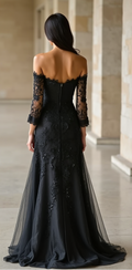 Elegant Black Lace Off-Shoulder Wedding Dress with Sheer Sleeves and Flowing Tulle Skirt