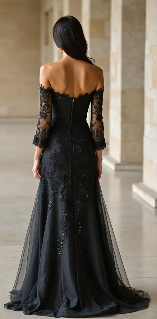Elegant Black Lace Off-Shoulder Wedding Dress with Sheer Sleeves and Flowing Tulle Skirt