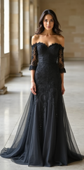Elegant Black Lace Off-Shoulder Wedding Dress with Sheer Sleeves and Flowing Tulle Skirt