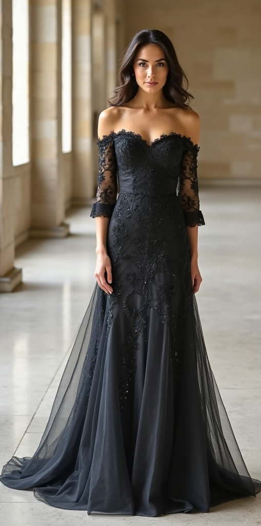 Elegant Black Lace Off-Shoulder Wedding Dress with Sheer Sleeves and Flowing Tulle Skirt
