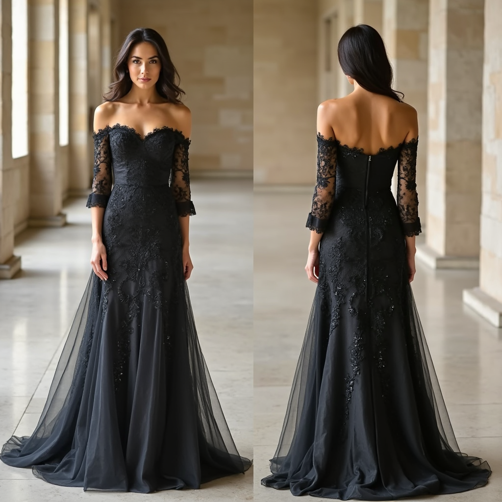 Elegant Black Lace Off-Shoulder Wedding Dress with Sheer Sleeves and Flowing Tulle Skirt