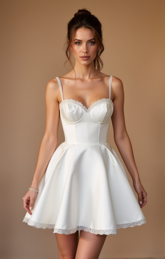 Short Satin Wedding Dress with Lace Trim & Spaghetti Straps








