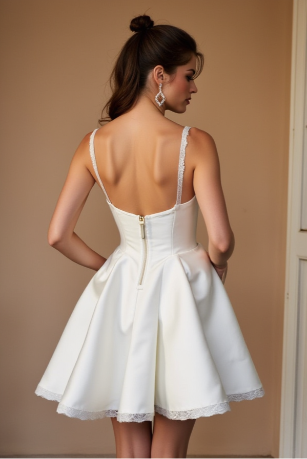 Short Satin Wedding Dress with Lace Trim & Spaghetti Straps